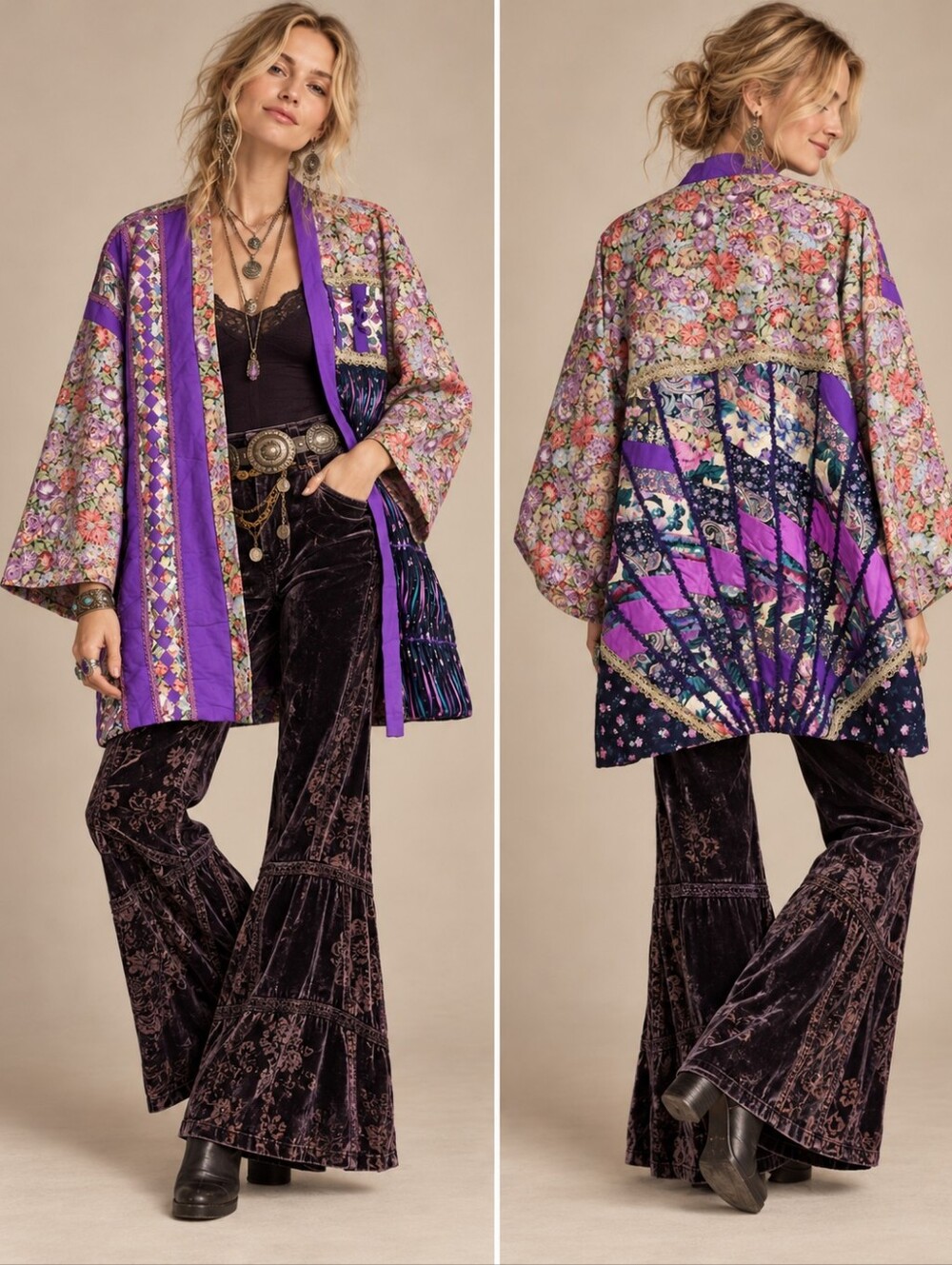 Handmade Patchwork Boho Jacket Size L Oversized Kimono Ribbon Purple OOAK